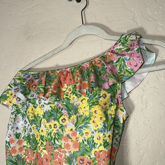 Motherhood Maternity Women's Beach Bump Ruffle-Front One shoulder swimsuit - Picture 3 of 9